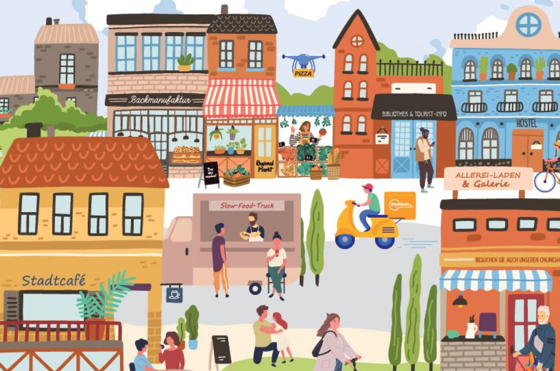 Das Bild ist eine Zeichnung einer lebendigen Innenstadt mit Menschen, Läden und viel Interaktion in bunten Farben
