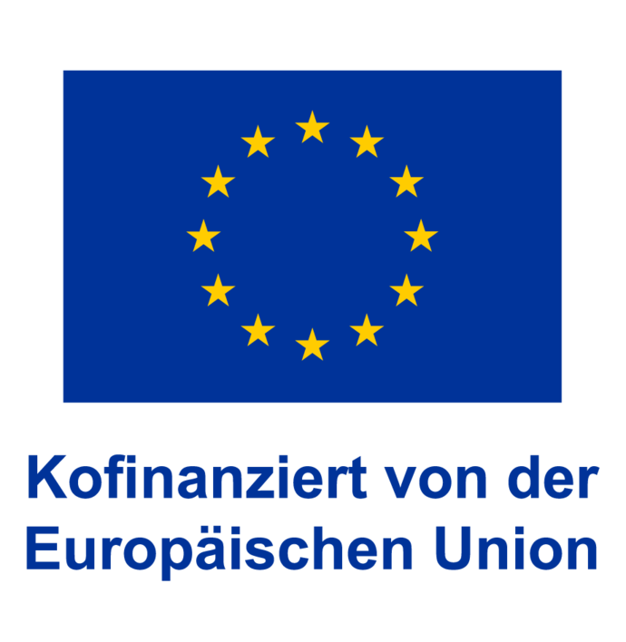 EU-Logo zwölf gelbe Stern kreisförmig angeordnet auf blauem Hintergrund, unter der Fahne die Worte: "Kofinanziert von der Europäischen Union"