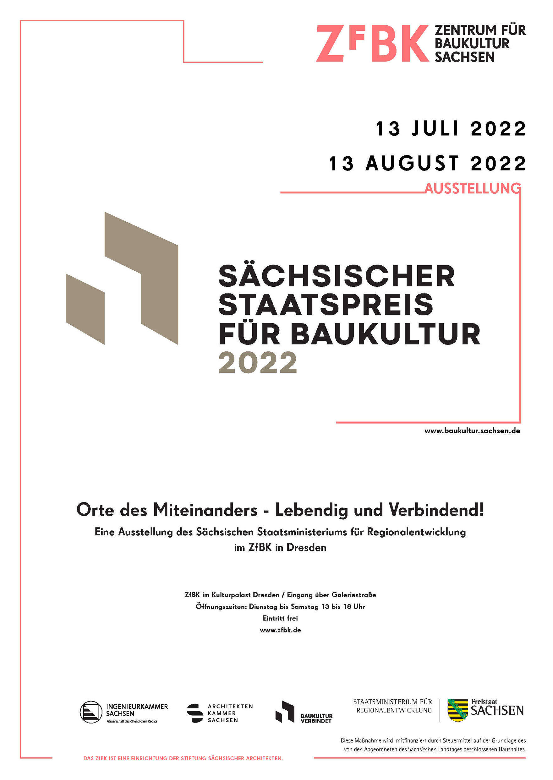 Ausstellungsplakat zur Ausstellung des Staatspreises für Baukultur 2022 im ZfBK im Kulturpalast Dresden vom 13. Juli bis 13. August