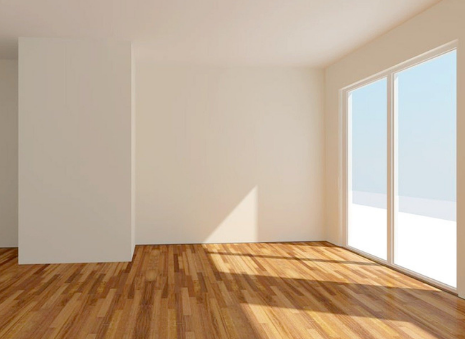 Das Bild zeigt einen leeren Raum in Richtung Fenster.